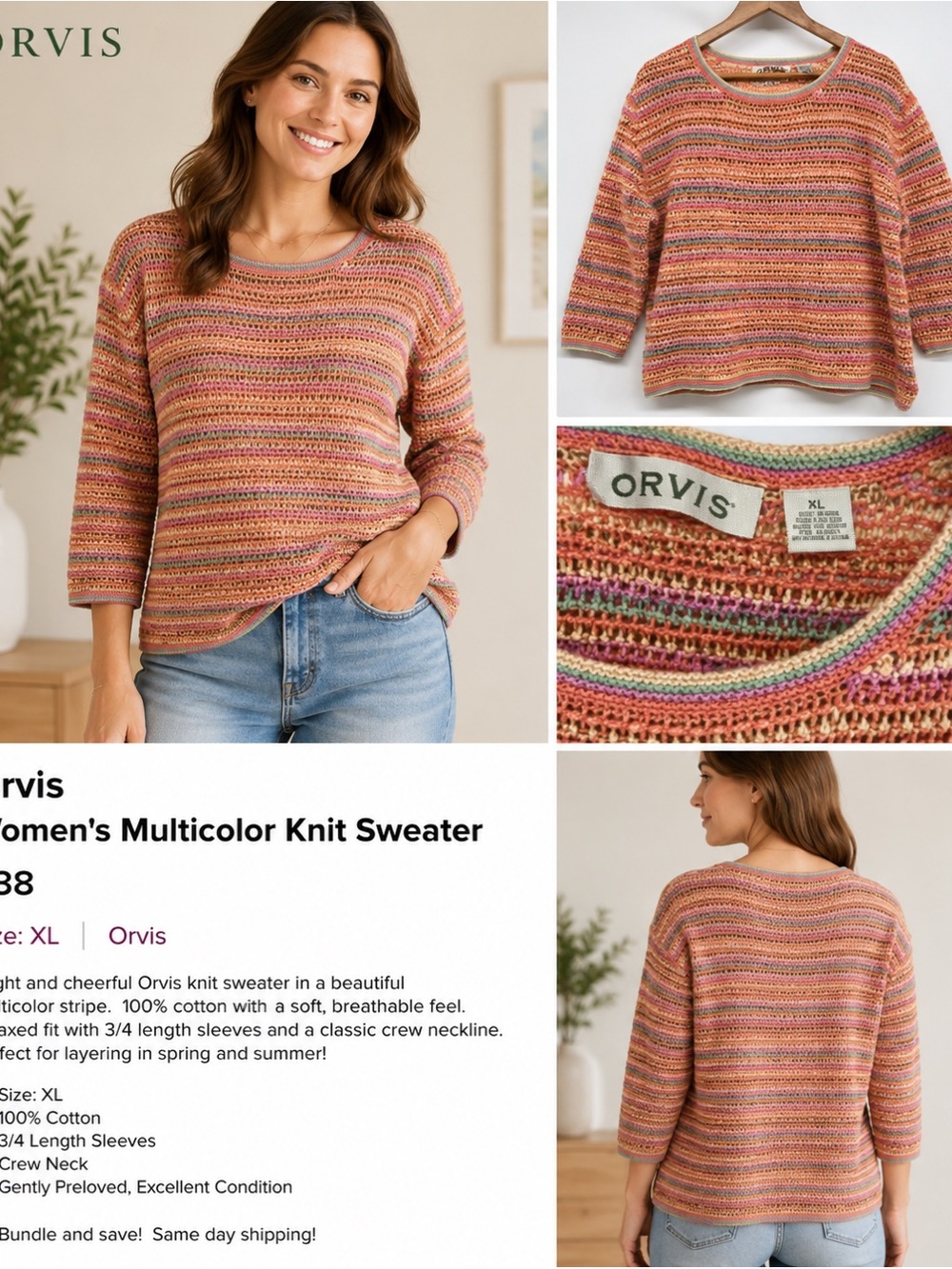 ORVIS Crewneck Ramie/Cotton‎ Open-Knit Sweater Pastel Multi-Color Stripes Sz XL